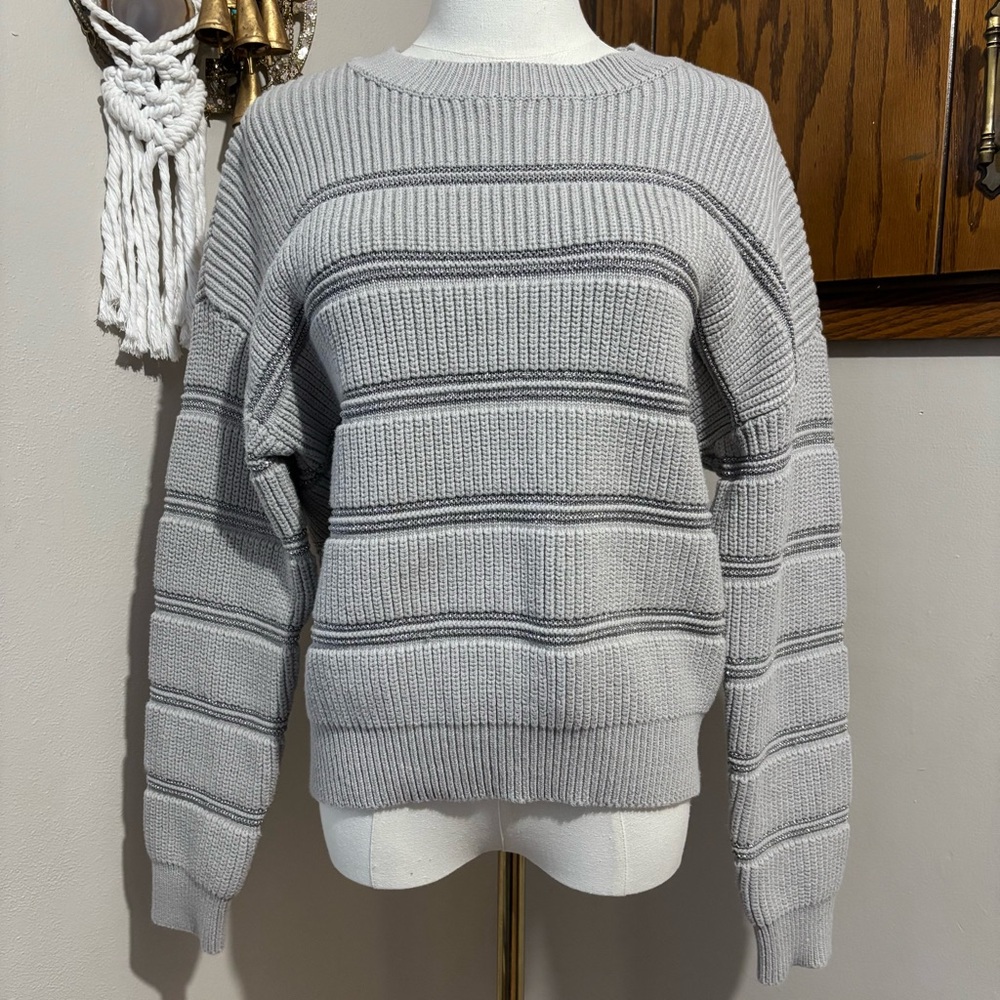Thread & Supply Metallic Stripe Tight Knit Sweater Size Medium Metallic Gray